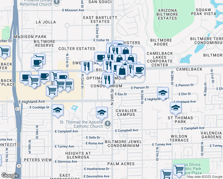 map of restaurants, bars, coffee shops, grocery stores, and more near 4742 North 24th Street in Phoenix