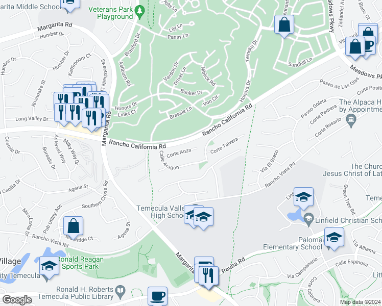 map of restaurants, bars, coffee shops, grocery stores, and more near 31115 Corte Anza in Temecula