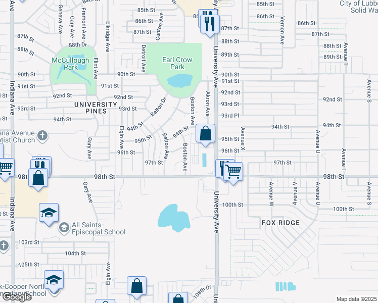 map of restaurants, bars, coffee shops, grocery stores, and more near 9603 Boston Avenue in Lubbock