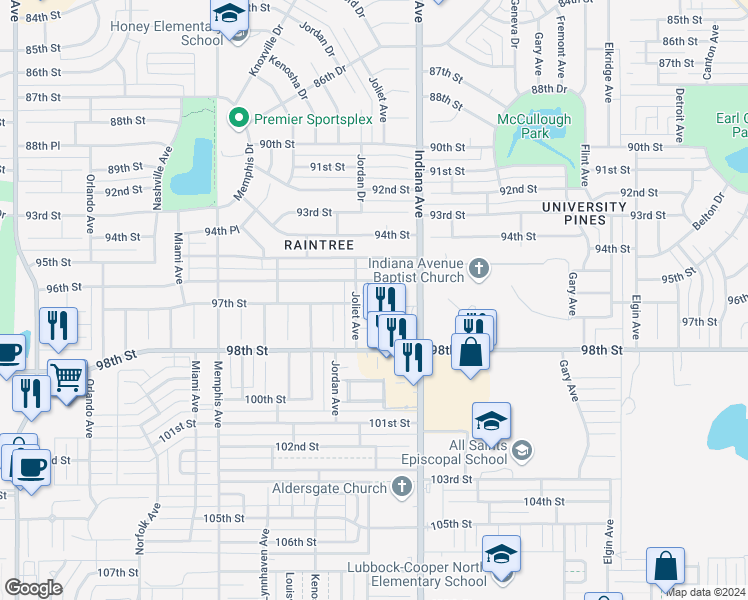 map of restaurants, bars, coffee shops, grocery stores, and more near 9607 Ithaca Avenue in Lubbock