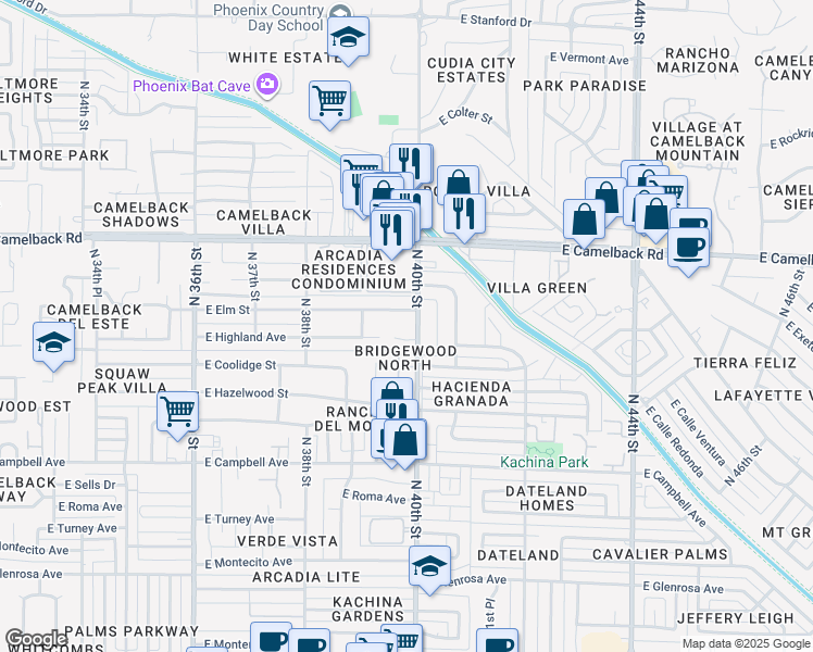 map of restaurants, bars, coffee shops, grocery stores, and more near 4720 North 40th Street in Phoenix