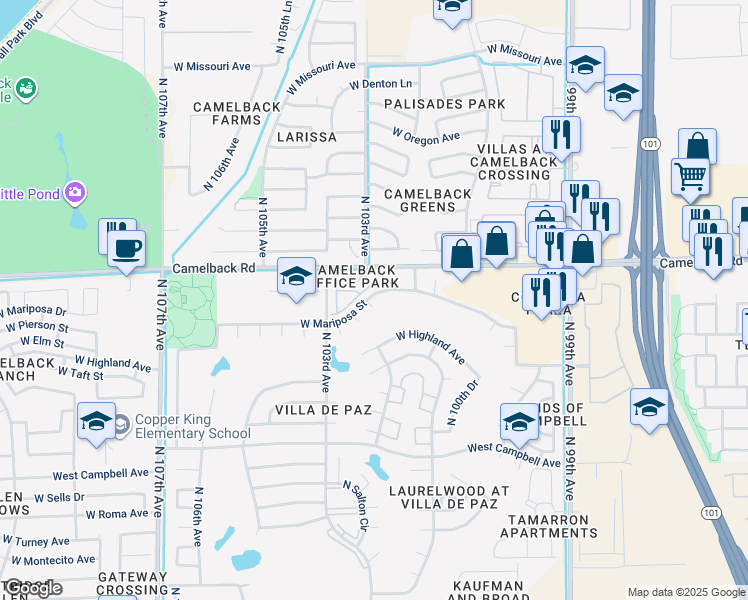 map of restaurants, bars, coffee shops, grocery stores, and more near 4835 North Palomilla Court in Phoenix