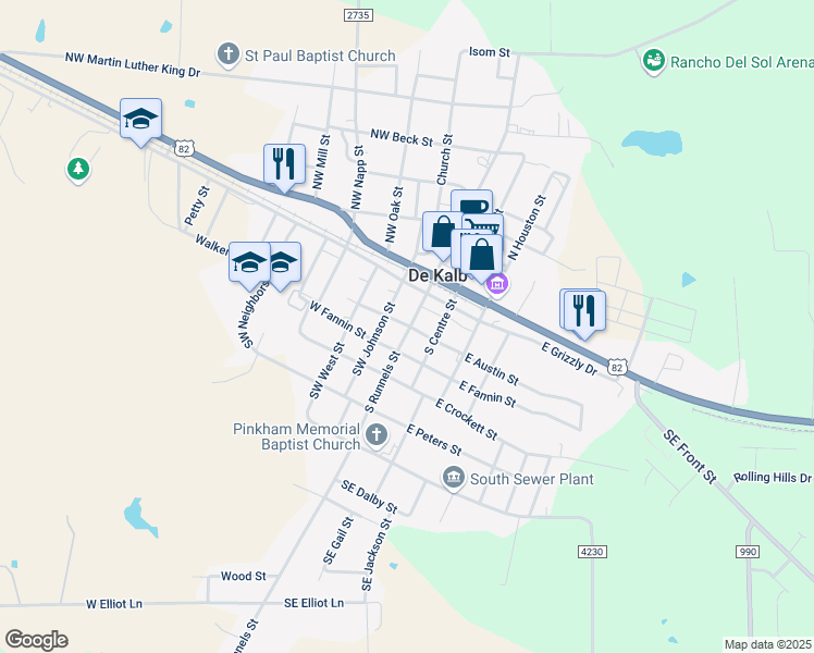 map of restaurants, bars, coffee shops, grocery stores, and more near 127 South Runnels Street in De Kalb