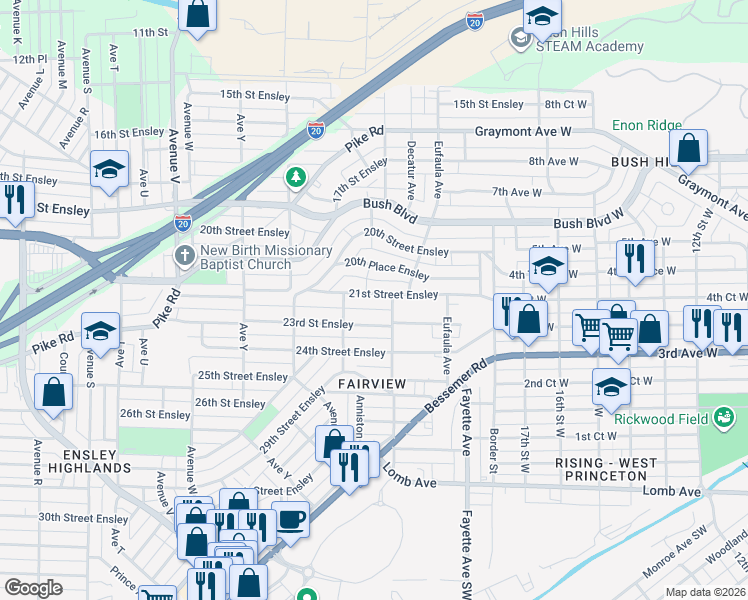 map of restaurants, bars, coffee shops, grocery stores, and more near 2729 21st Street Ensley in Birmingham