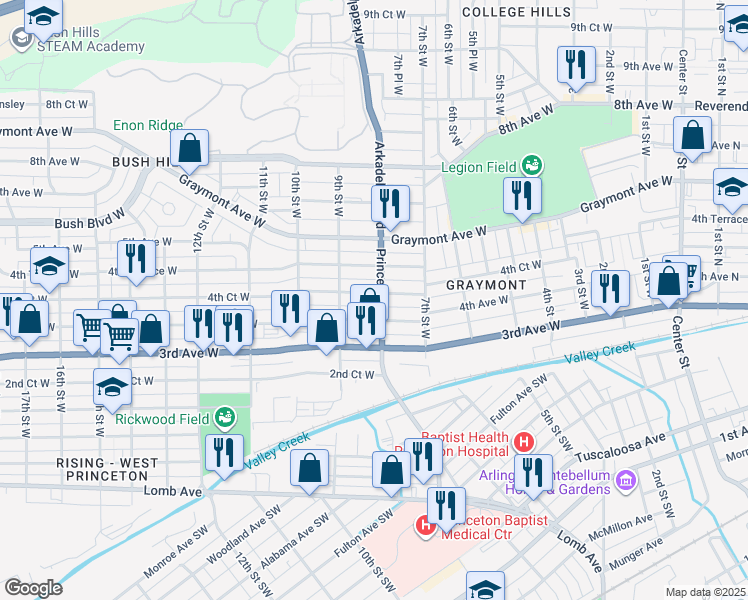 map of restaurants, bars, coffee shops, grocery stores, and more near 817 4th Court West in Birmingham