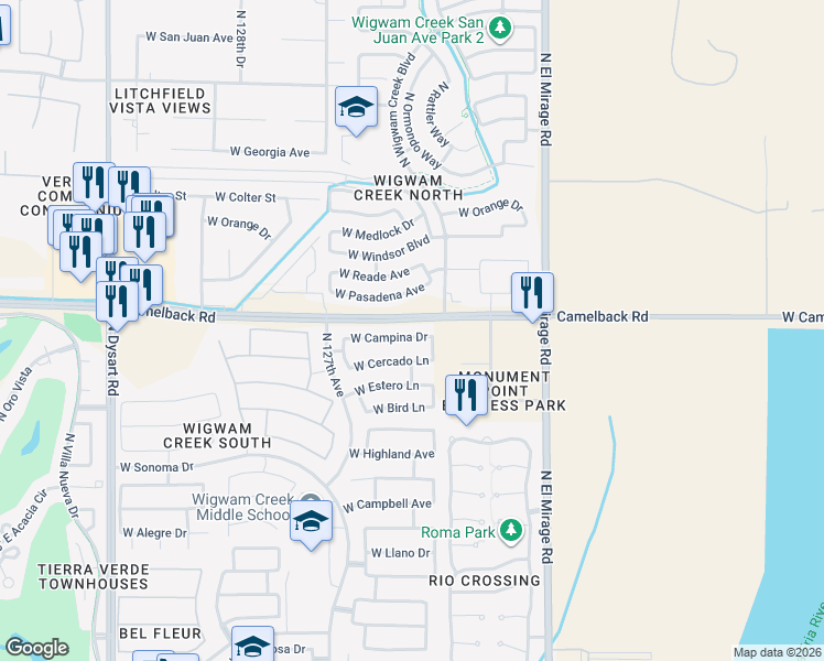 map of restaurants, bars, coffee shops, grocery stores, and more near 12518 West Campina Drive in Litchfield Park