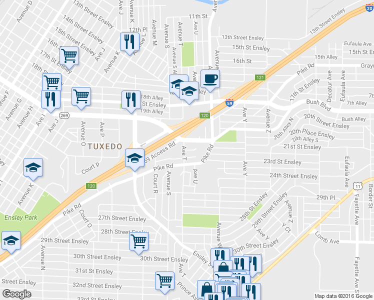 map of restaurants, bars, coffee shops, grocery stores, and more near 2022 22nd Street in Birmingham