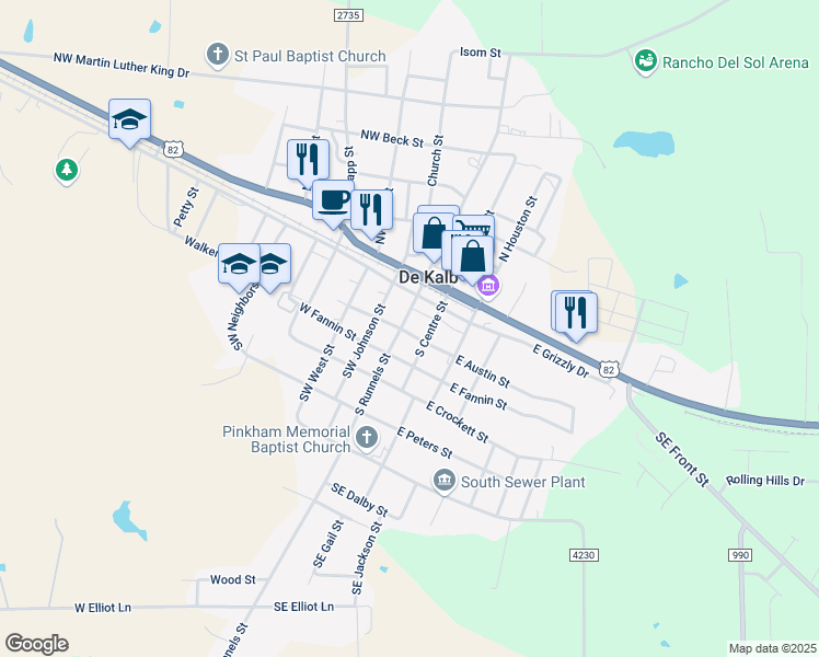 map of restaurants, bars, coffee shops, grocery stores, and more near 127 South Runnels Street in De Kalb