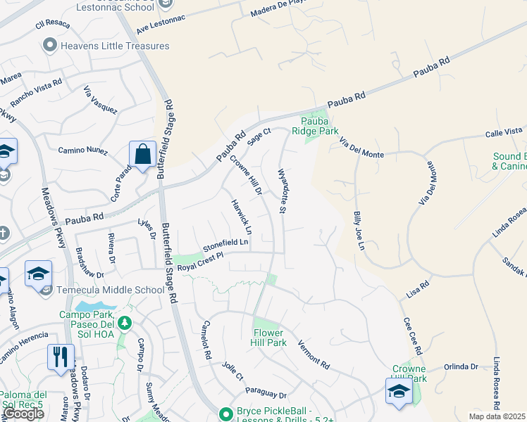 map of restaurants, bars, coffee shops, grocery stores, and more near 33038 Esser Court in Temecula