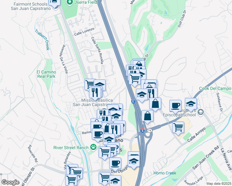 map of restaurants, bars, coffee shops, grocery stores, and more near 31375 El Horno Street in San Juan Capistrano