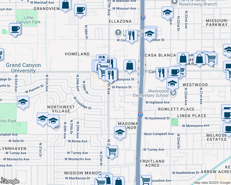 map of restaurants, bars, coffee shops, grocery stores, and more near 4737 North 26th Lane in Phoenix