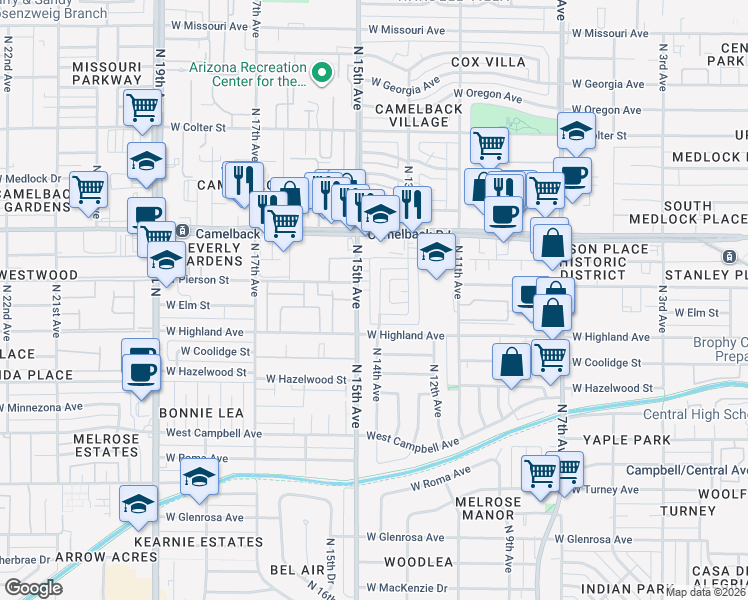 map of restaurants, bars, coffee shops, grocery stores, and more near 4732 North 14th Avenue in Phoenix