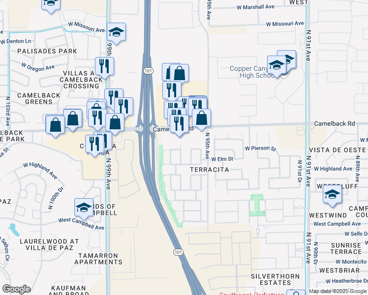 map of restaurants, bars, coffee shops, grocery stores, and more near 4829 North 96th Avenue in Phoenix