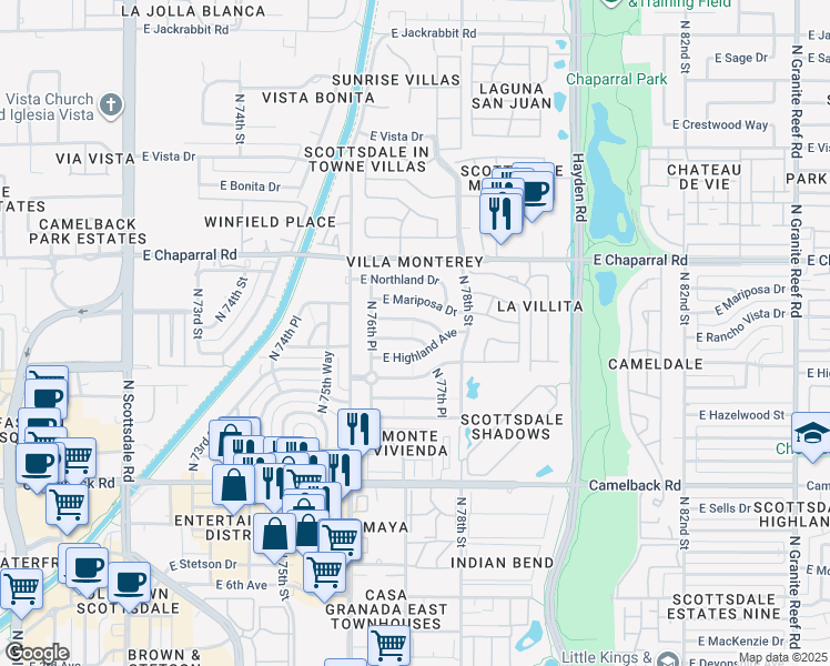 map of restaurants, bars, coffee shops, grocery stores, and more near 7702 East Thornwood Drive in Scottsdale