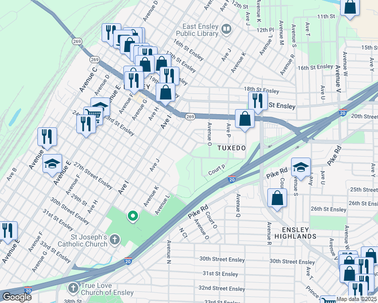 map of restaurants, bars, coffee shops, grocery stores, and more near 1416 22nd Street Ensley in Birmingham