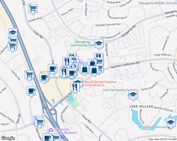 map of restaurants, bars, coffee shops, grocery stores, and more near 29744 Rancho California Road in Temecula