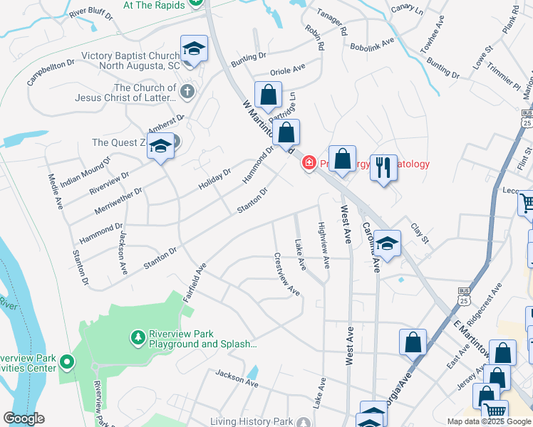map of restaurants, bars, coffee shops, grocery stores, and more near 936 Fairfield Avenue in North Augusta