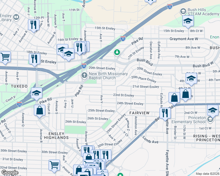 map of restaurants, bars, coffee shops, grocery stores, and more near 2525 21st Street Ensley in Birmingham