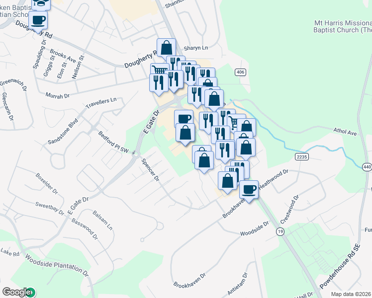 map of restaurants, bars, coffee shops, grocery stores, and more near 2441 Whiskey Road in Aiken