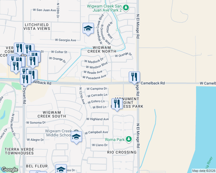 map of restaurants, bars, coffee shops, grocery stores, and more near 12518 West Campina Drive in Litchfield Park