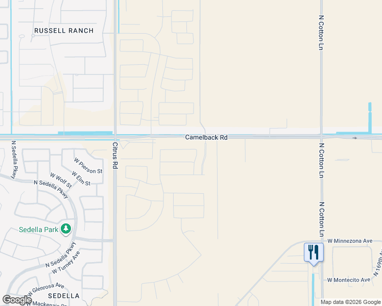 map of restaurants, bars, coffee shops, grocery stores, and more near 17491-17899 West Camelback Road in Goodyear