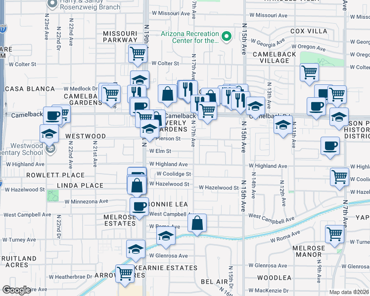 map of restaurants, bars, coffee shops, grocery stores, and more near 1720 West Elm Street in Phoenix