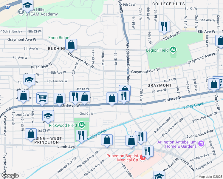 map of restaurants, bars, coffee shops, grocery stores, and more near 913 4th Ct W in Birmingham