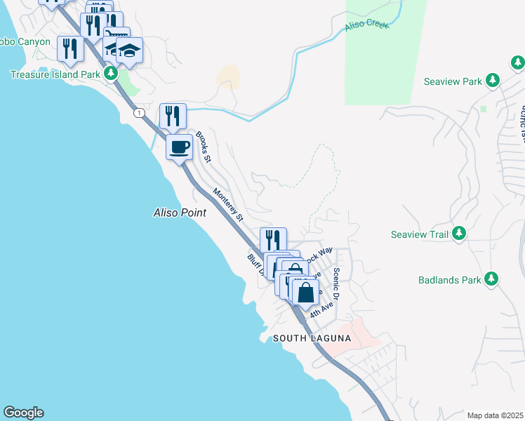 map of restaurants, bars, coffee shops, grocery stores, and more near 31411 Ceanothus Drive in Laguna Beach