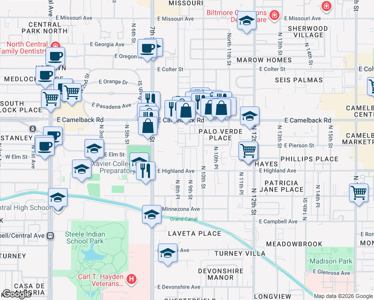 map of restaurants, bars, coffee shops, grocery stores, and more near 4740 North 9th Street in Phoenix