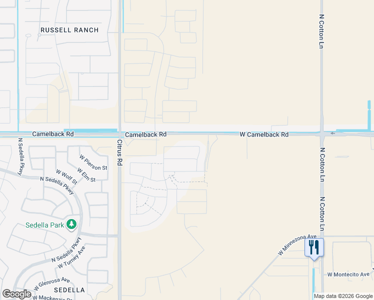 map of restaurants, bars, coffee shops, grocery stores, and more near 17491-17899 West Camelback Road in Goodyear