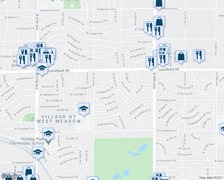 map of restaurants, bars, coffee shops, grocery stores, and more near 6219 West Mariposa Drive in Phoenix
