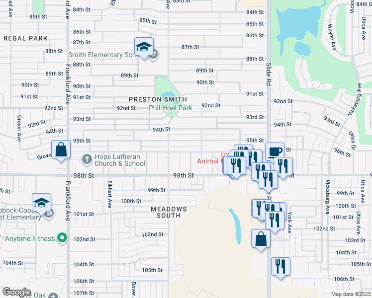 map of restaurants, bars, coffee shops, grocery stores, and more near 5412 96th Street in Lubbock