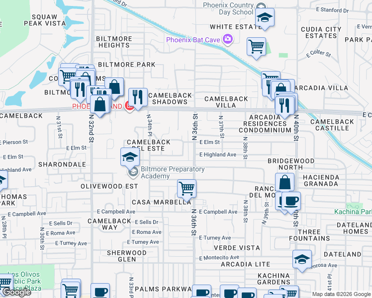 map of restaurants, bars, coffee shops, grocery stores, and more near 4715 North 35th Way in Phoenix