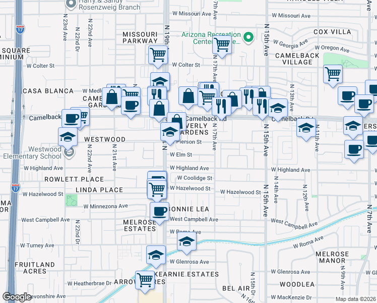 map of restaurants, bars, coffee shops, grocery stores, and more near 1800 West Elm Street in Phoenix