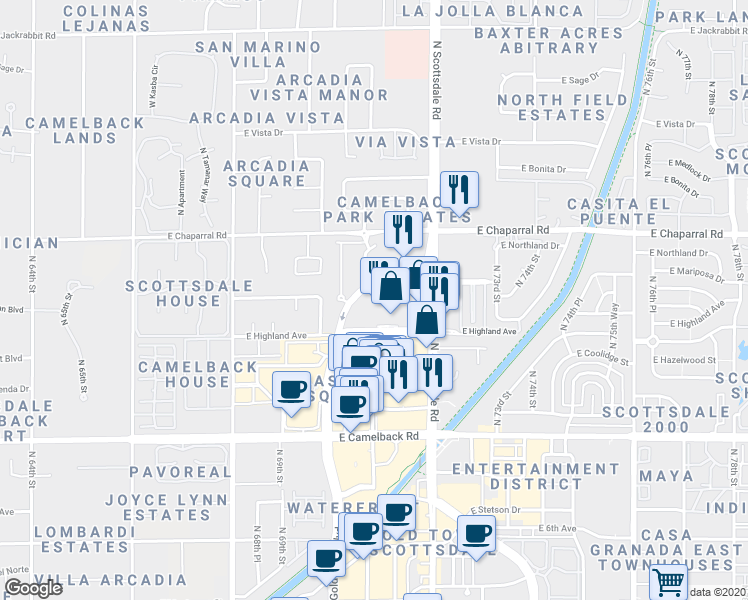 map of restaurants, bars, coffee shops, grocery stores, and more near 7131 East Rancho Vista Drive in Scottsdale