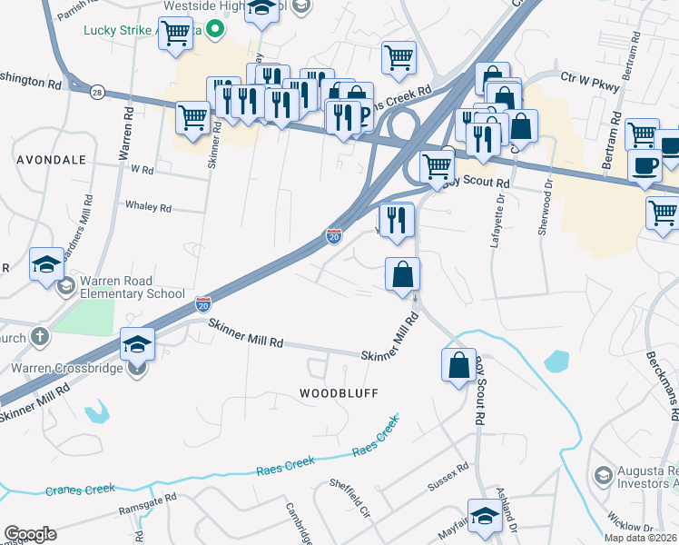 map of restaurants, bars, coffee shops, grocery stores, and more near 103 York Way in Augusta