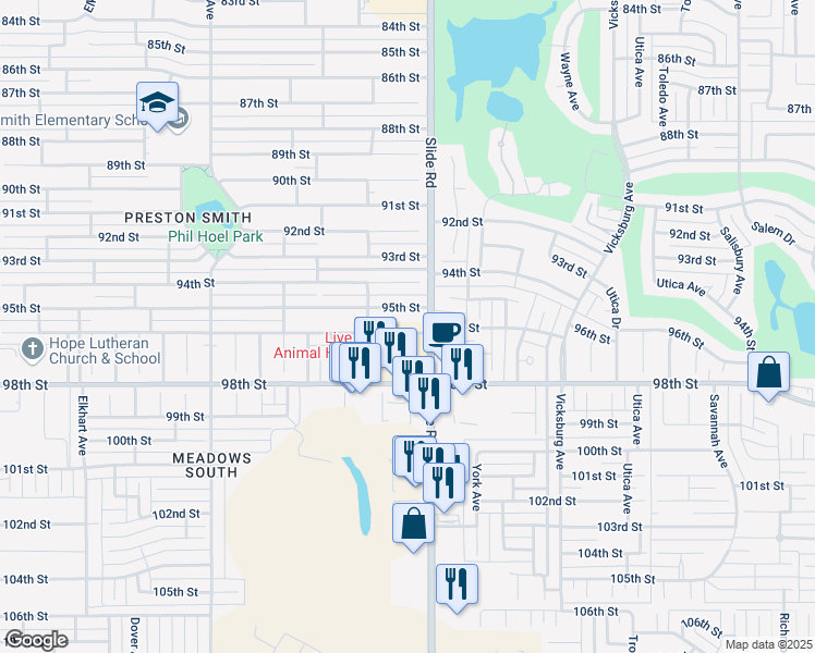 map of restaurants, bars, coffee shops, grocery stores, and more near 5210 96th Street in Lubbock