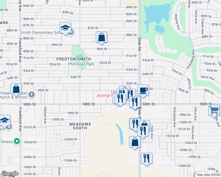 map of restaurants, bars, coffee shops, grocery stores, and more near 5236 96th Street in Lubbock