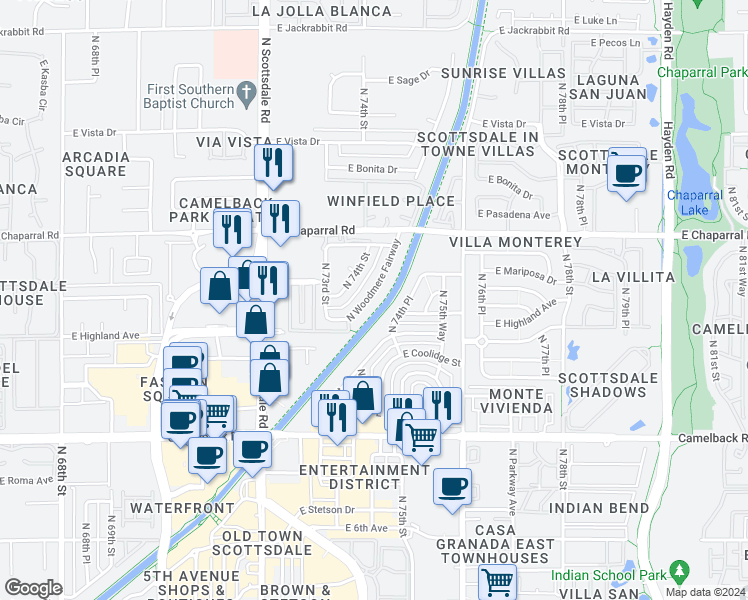map of restaurants, bars, coffee shops, grocery stores, and more near 4805 North Woodmere Fairway in Scottsdale
