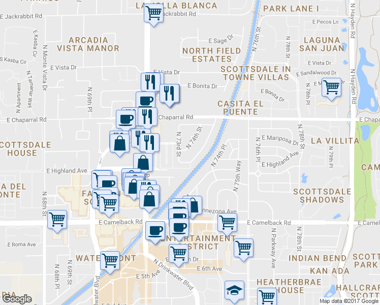 map of restaurants, bars, coffee shops, grocery stores, and more near 7311 East Paradise Drive in Scottsdale