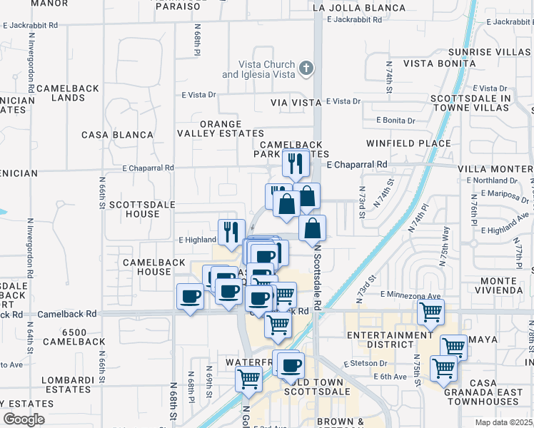 map of restaurants, bars, coffee shops, grocery stores, and more near 7137 East Rancho Vista Drive in Scottsdale
