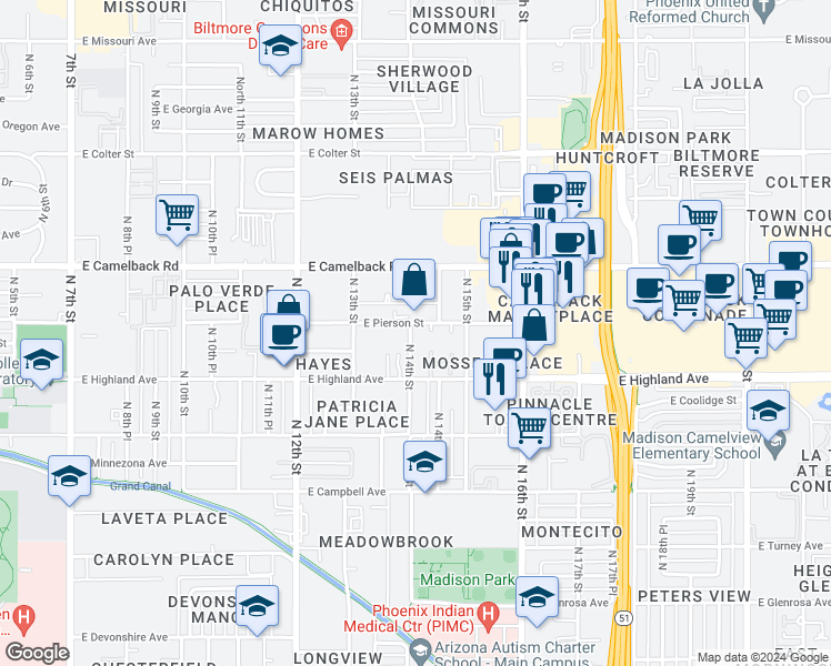 map of restaurants, bars, coffee shops, grocery stores, and more near 4747 North 14th Street in Phoenix