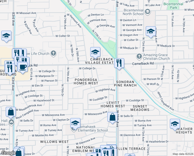 map of restaurants, bars, coffee shops, grocery stores, and more near 4702 North 76th Avenue in Phoenix