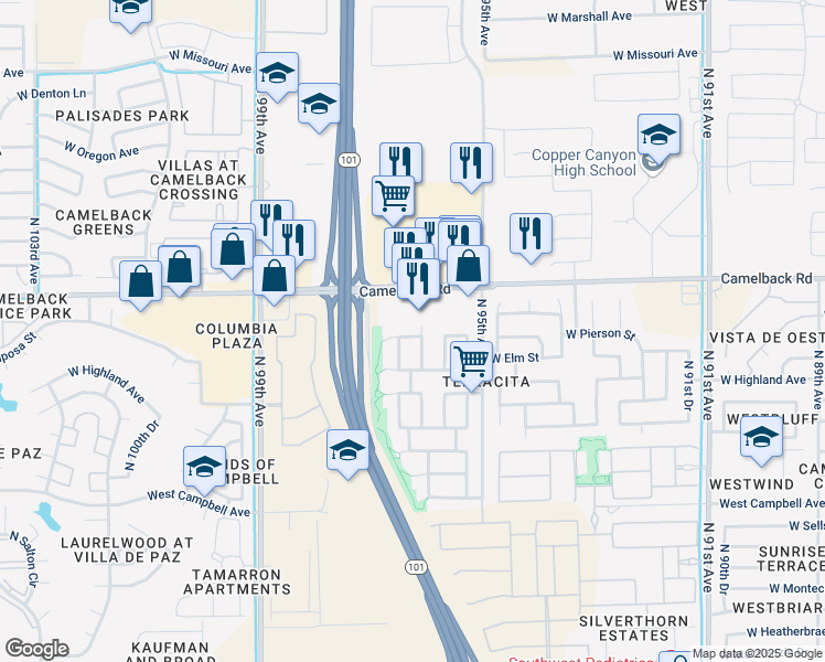 map of restaurants, bars, coffee shops, grocery stores, and more near 4829 North 96th Avenue in Phoenix