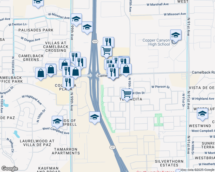 map of restaurants, bars, coffee shops, grocery stores, and more near 9624 West Mariposa Street in Phoenix