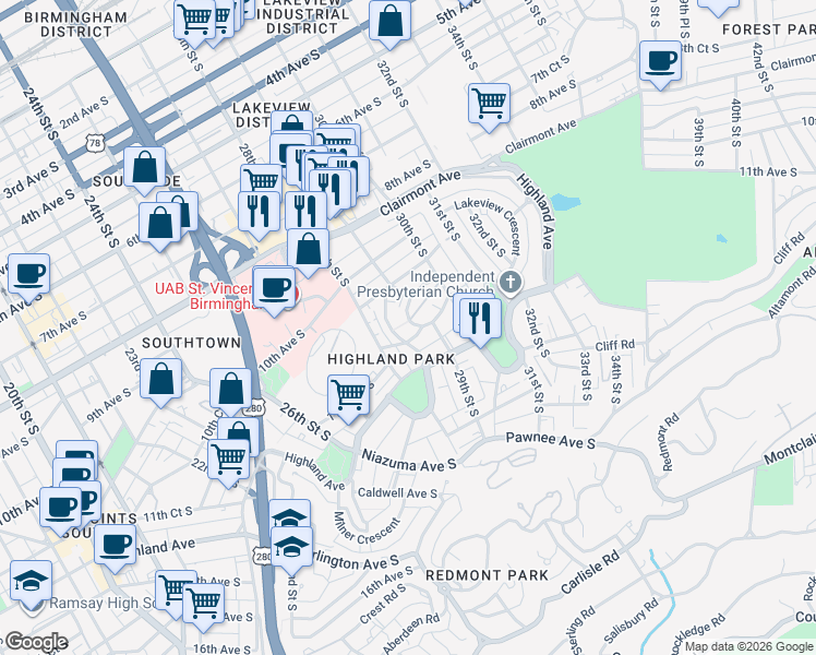 map of restaurants, bars, coffee shops, grocery stores, and more near 1025 28th Place South in Birmingham