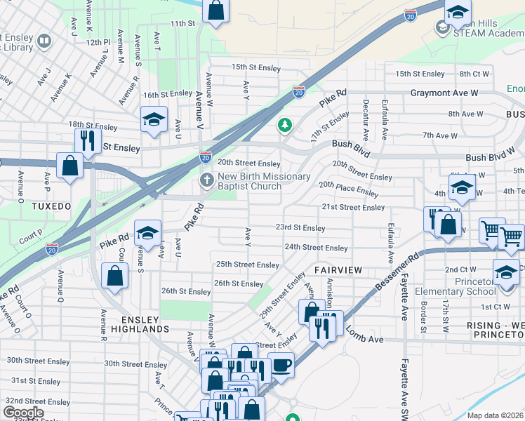 map of restaurants, bars, coffee shops, grocery stores, and more near 2525 21st Street Ensley in Birmingham