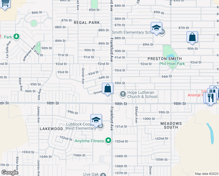 map of restaurants, bars, coffee shops, grocery stores, and more near 5802 96th Street in Lubbock