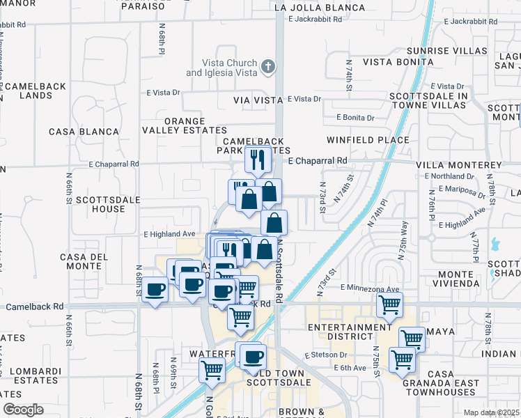 map of restaurants, bars, coffee shops, grocery stores, and more near 7151 East Rancho Vista Drive in Scottsdale