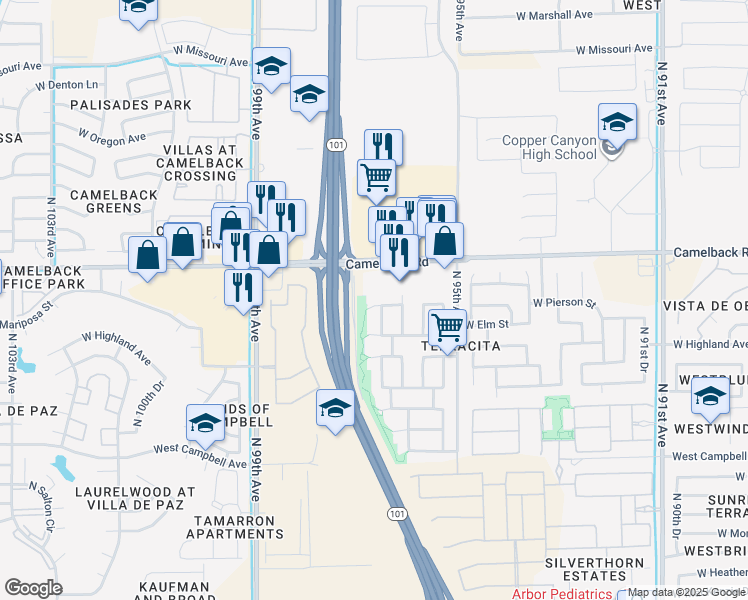map of restaurants, bars, coffee shops, grocery stores, and more near 9624 West Mariposa Street in Phoenix